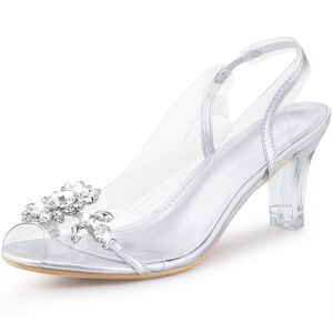 Peep Toe Flower Rhinestone Slingback Clear Chunky Heels Sandals Silver